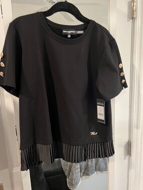 Karl Lagerfeld Black Short Sleeve Top with Gold Buttons and Pleated Hem